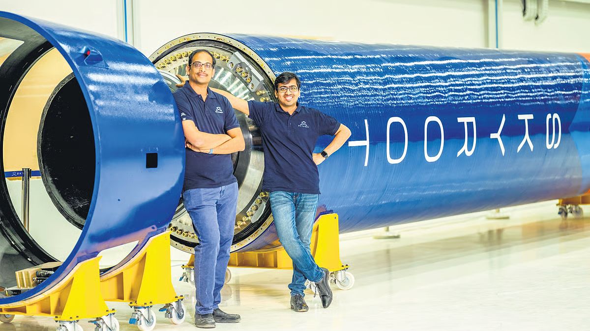 Skyroot Aerospace founders Naga Bharat Daka and Pawan Kumar Chandana with their Vikram - 1